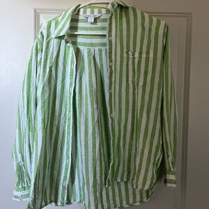 Old Navy Green and White Vertical Stripe Women's Button-Down Shirt